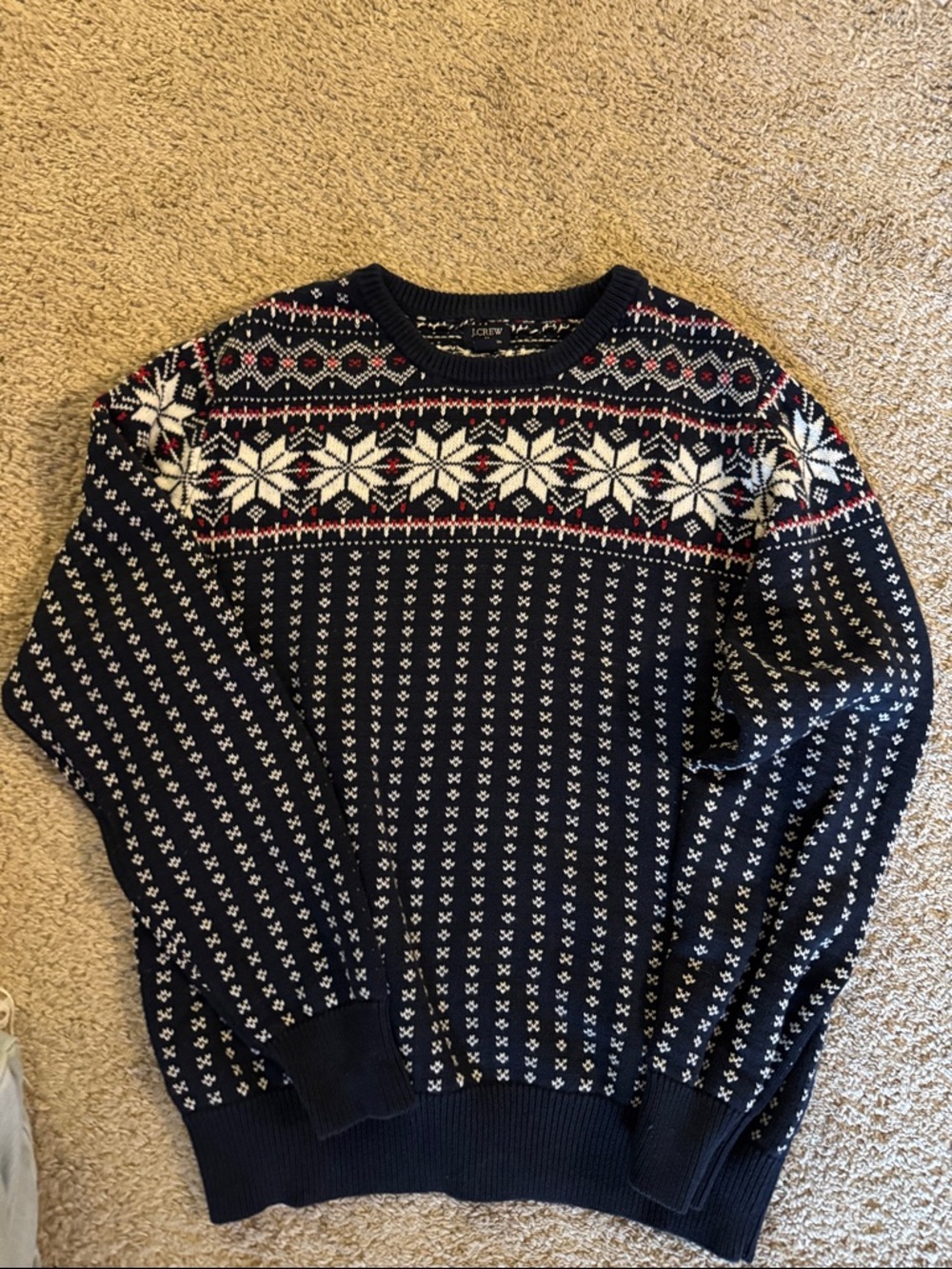 J. Crew Navy Fair Isle Crewneck Sweater with White & Red Accents